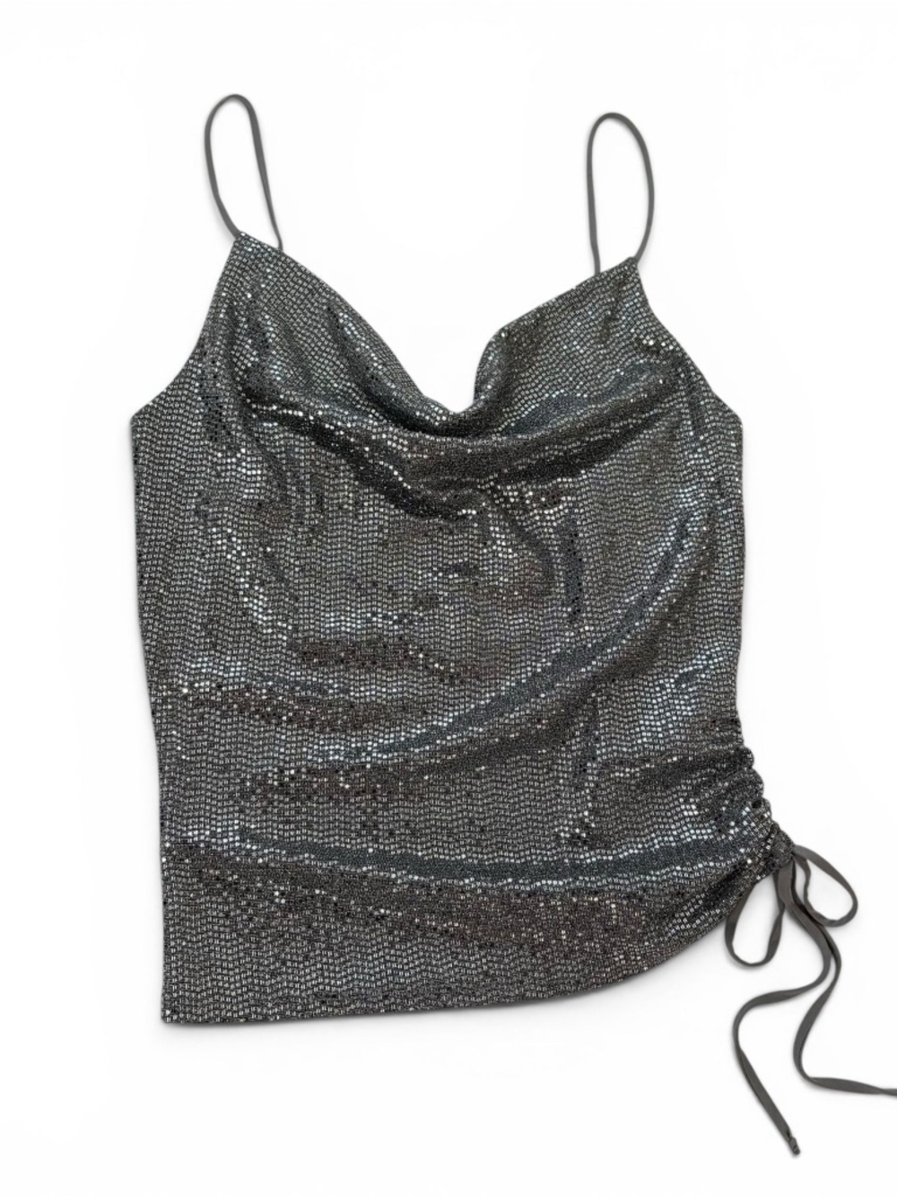 Y2K Silver Sequin Cowl Halter Top with Cinch